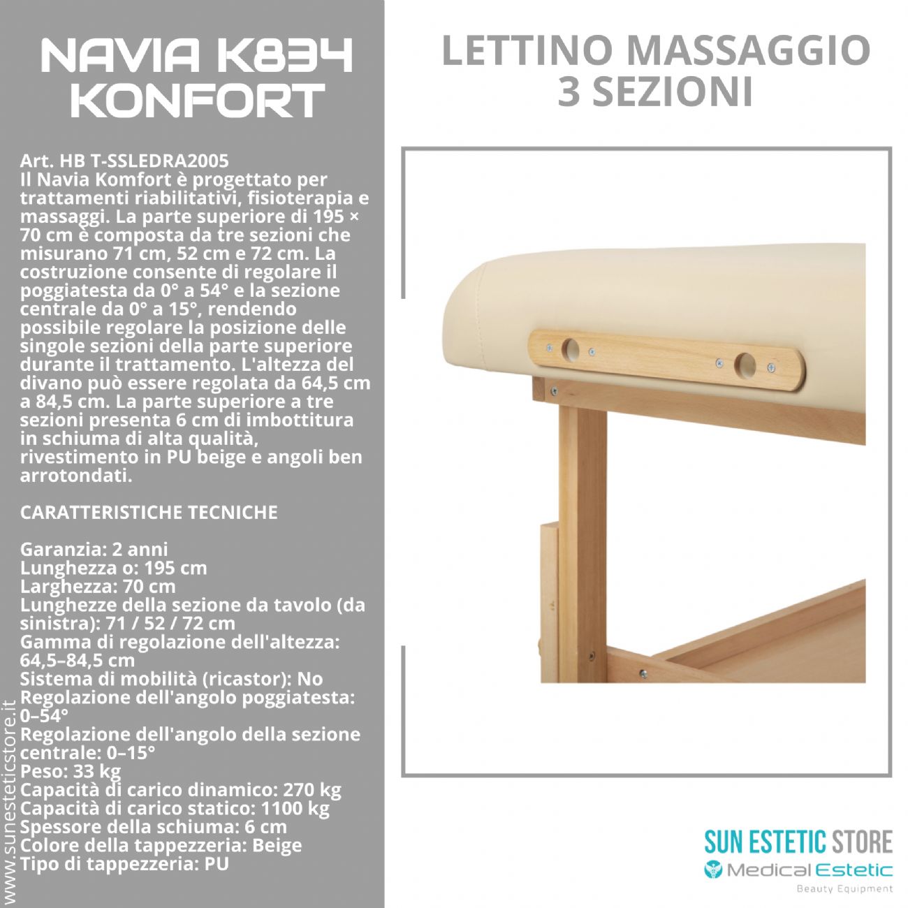 Navia K834 Komfort: Lettino da Massaggio in Faggio, 3 Sezioni