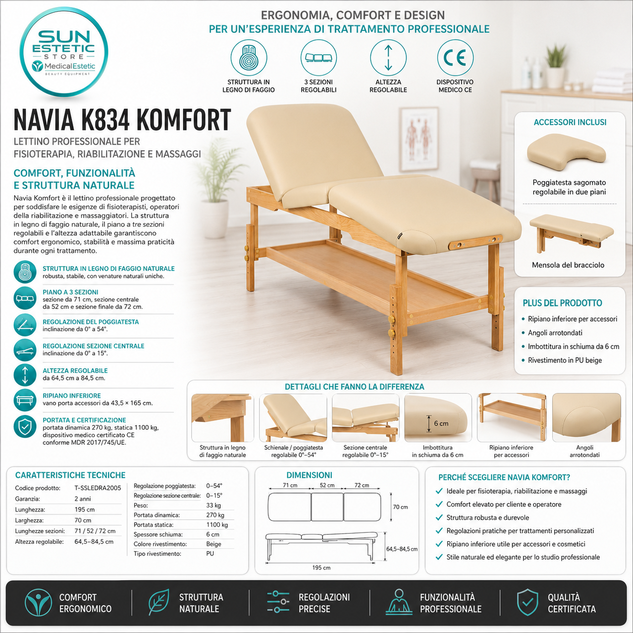 Navia K834 Komfort: Lettino da Massaggio in Faggio, 3 Sezioni