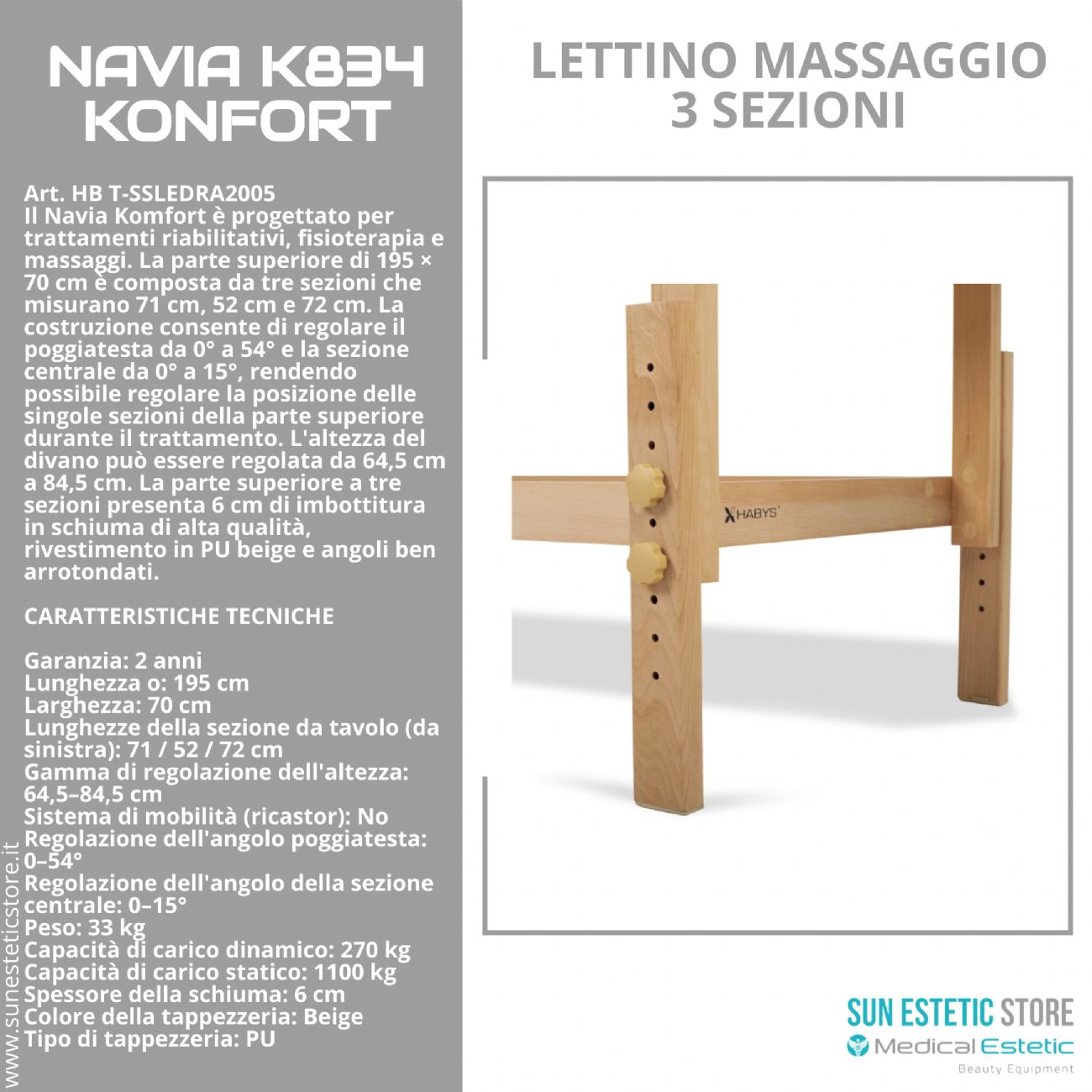 Navia K834 Komfort: Lettino da Massaggio in Faggio, 3 Sezioni