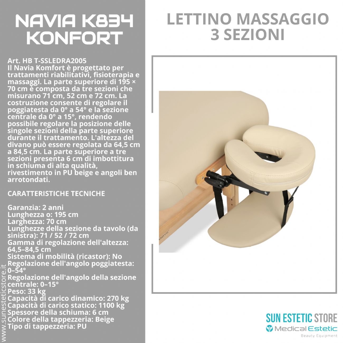 Navia K834 Komfort: Lettino da Massaggio in Faggio, 3 Sezioni