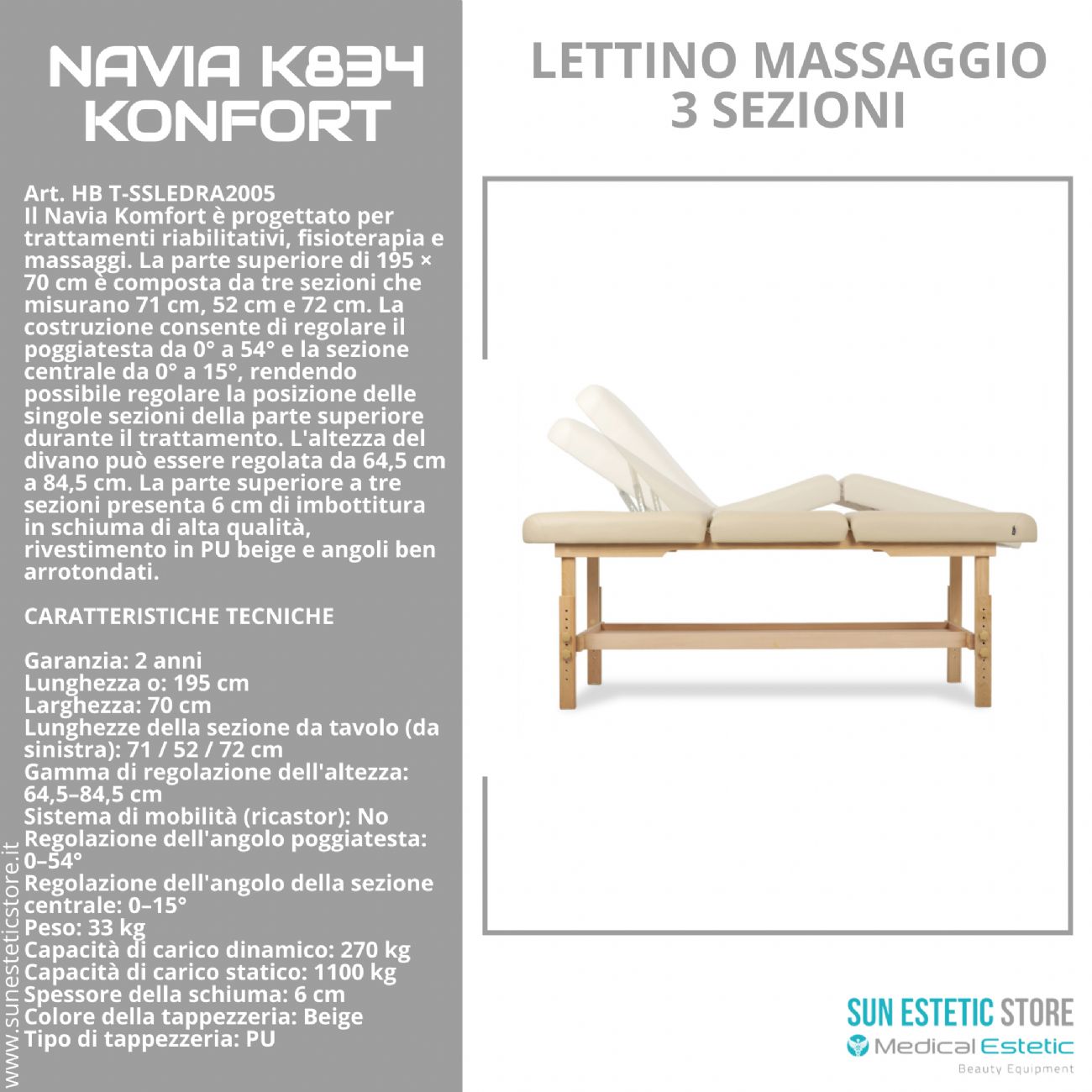 Navia K834 Komfort: Lettino da Massaggio in Faggio, 3 Sezioni