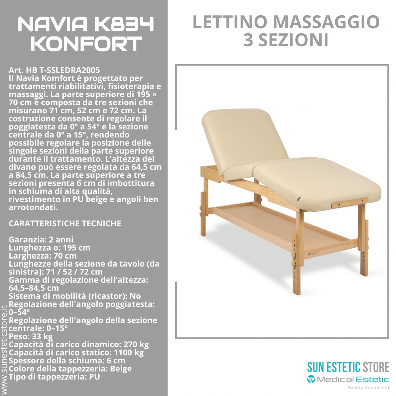 Navia K834 Komfort: Lettino da Massaggio in Faggio, 3 Sezioni