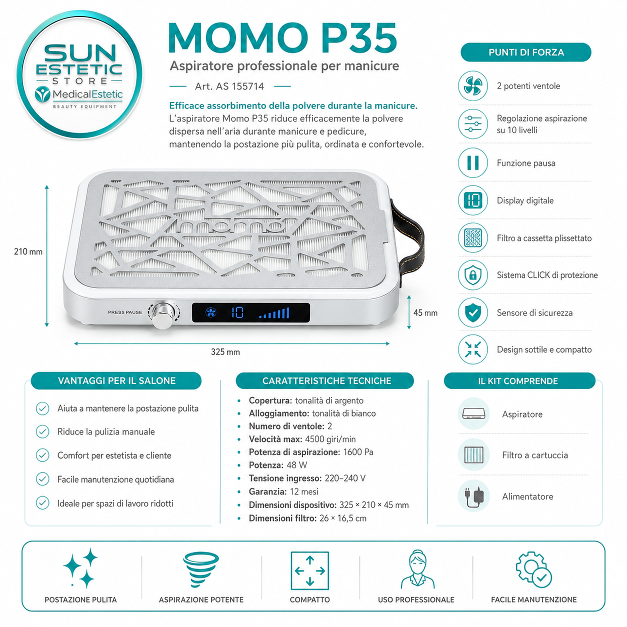 Momo P35 Aspiratore Polvere per Manicure e Pedicure