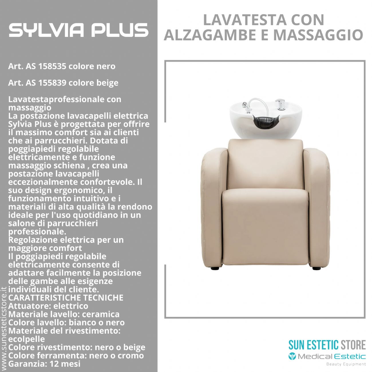 Sylvia Plus – Postazione Lavatesta Elettrica con Massaggio