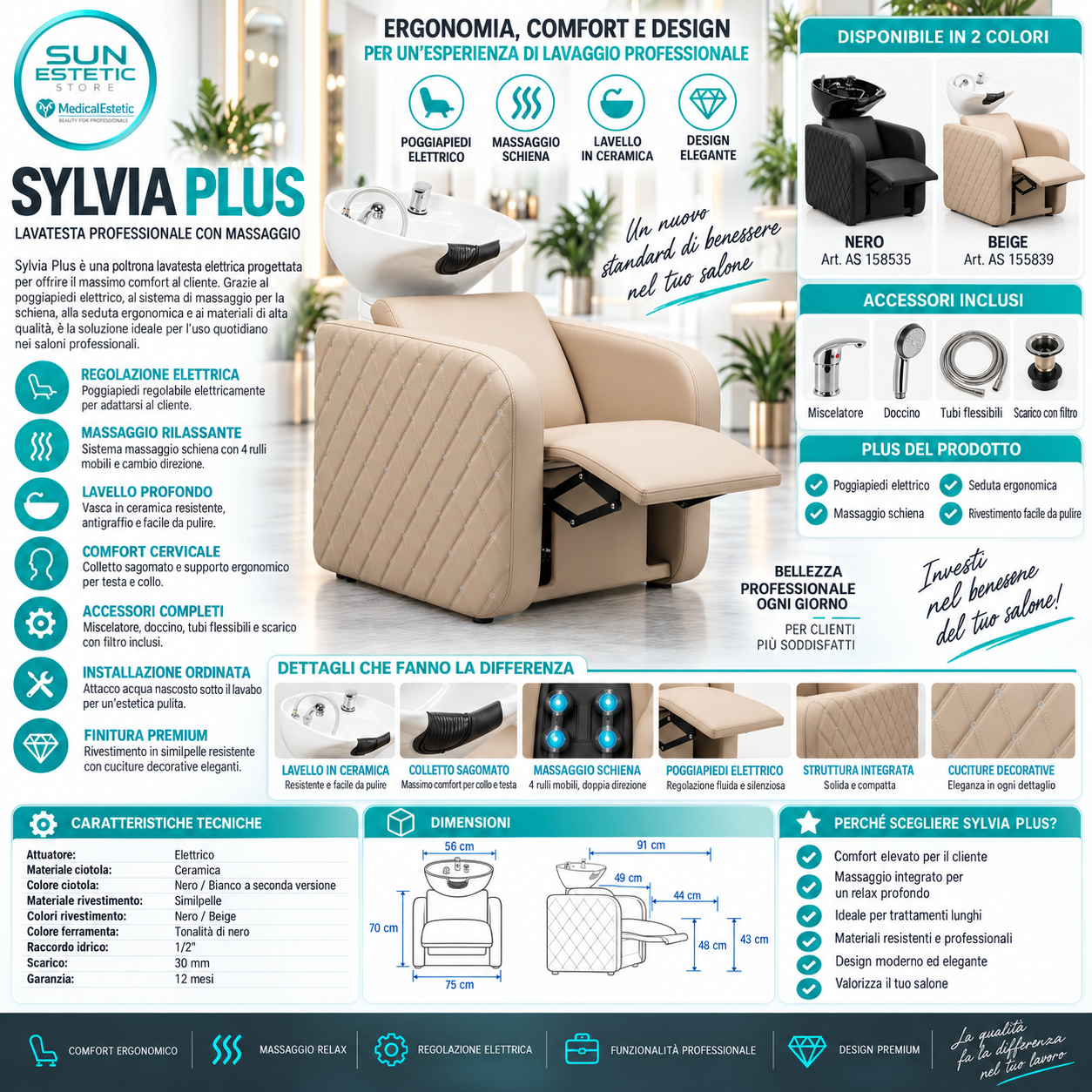 Sylvia Plus – Postazione Lavatesta Elettrica con Massaggio