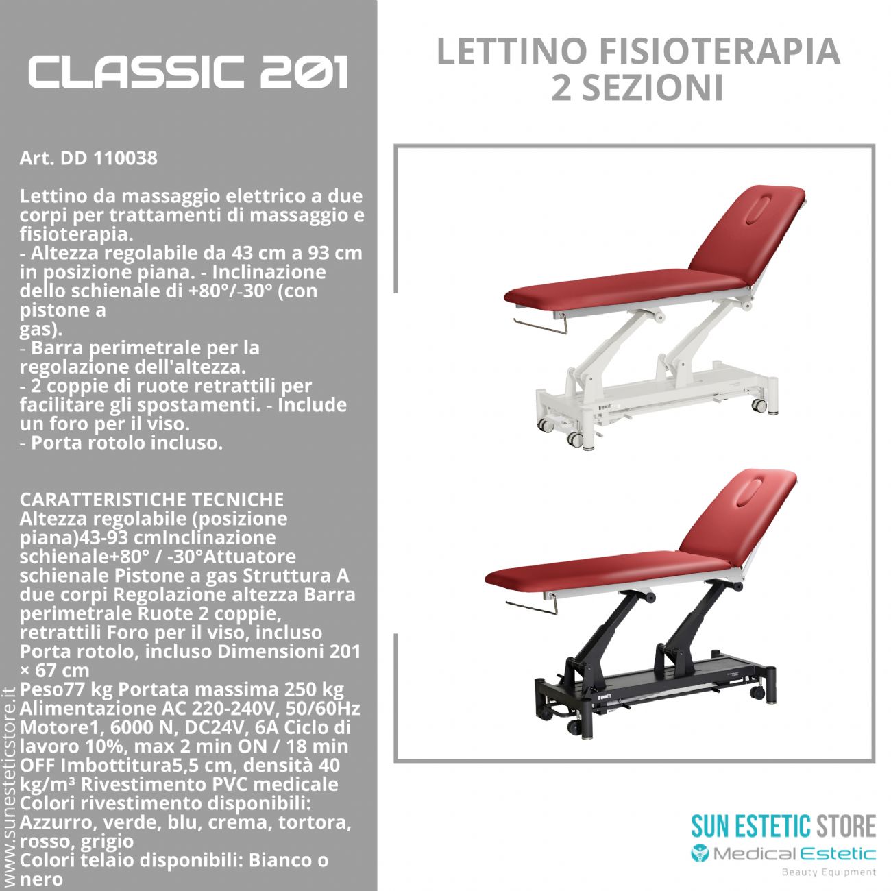 Classic 201 lettino fisioterapia 2 sezioni 1 motore con perimetrale
