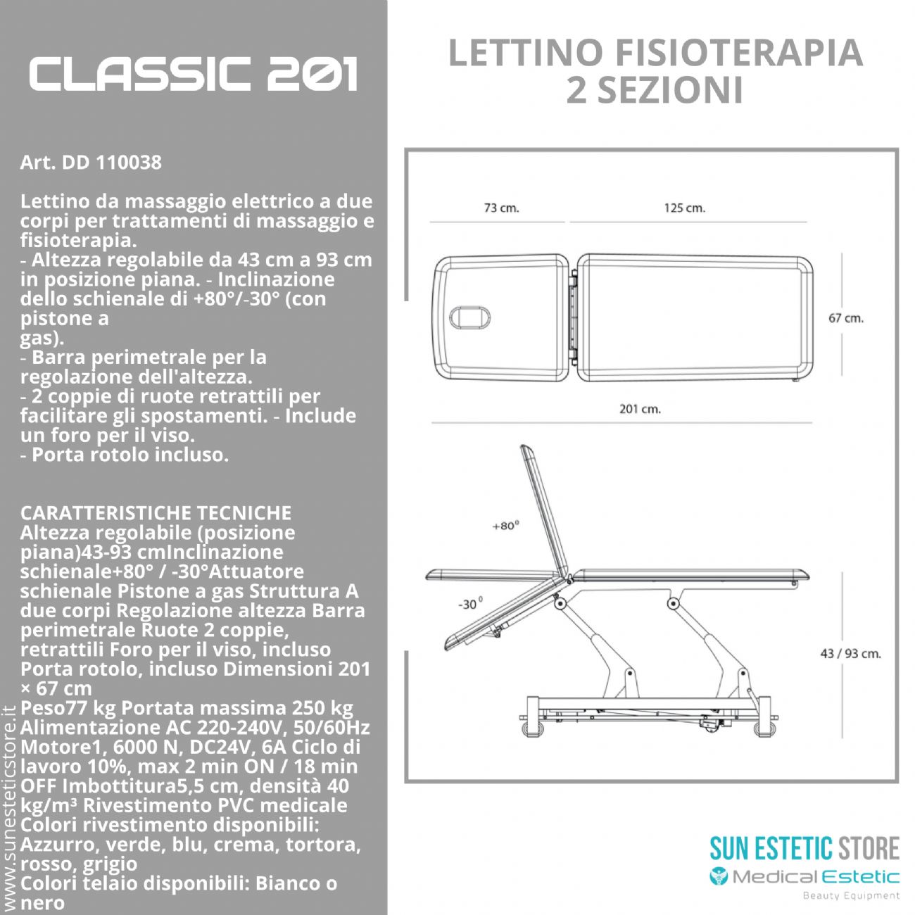 Classic 201 lettino fisioterapia 2 sezioni 1 motore con perimetrale