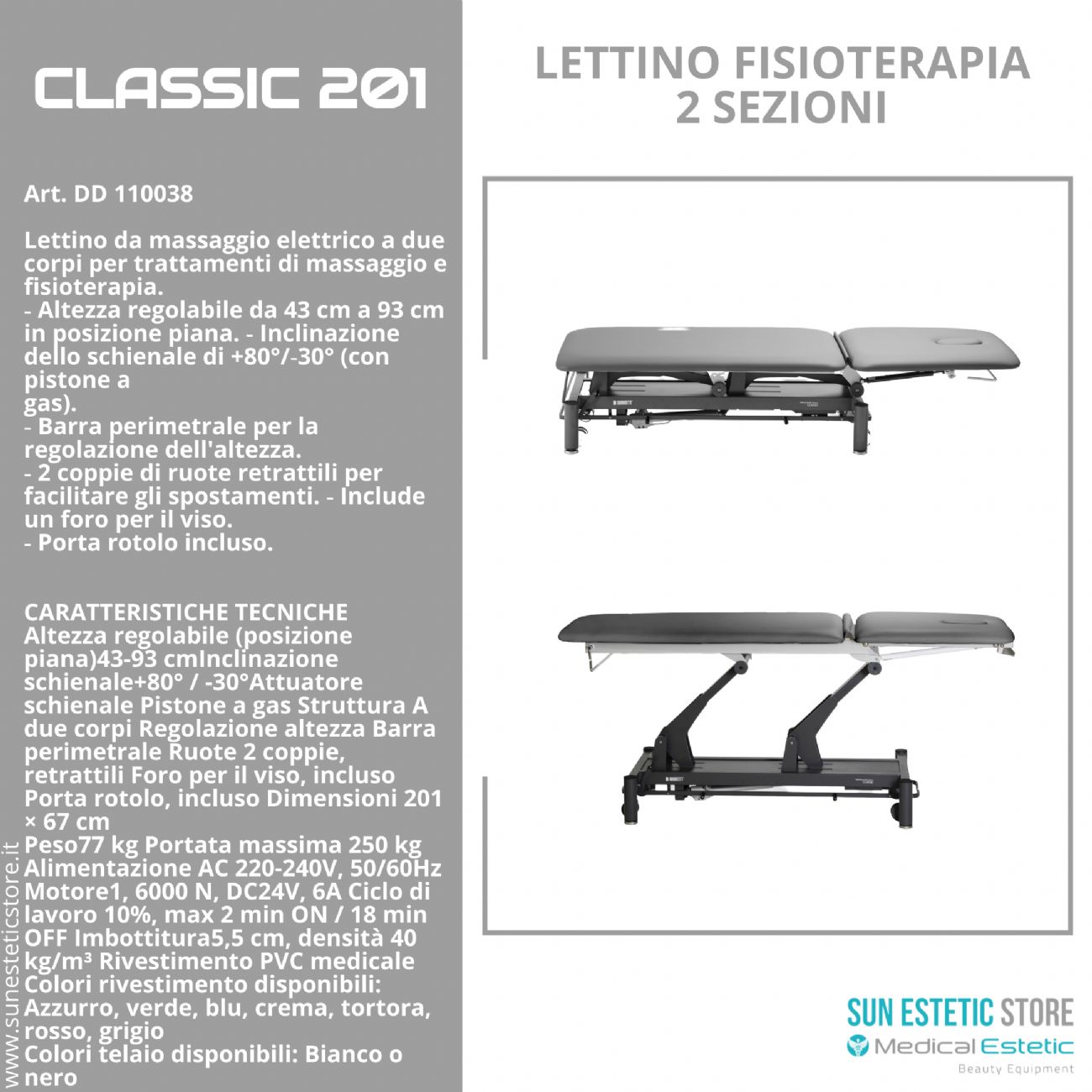 Classic 201 lettino fisioterapia 2 sezioni 1 motore con perimetrale