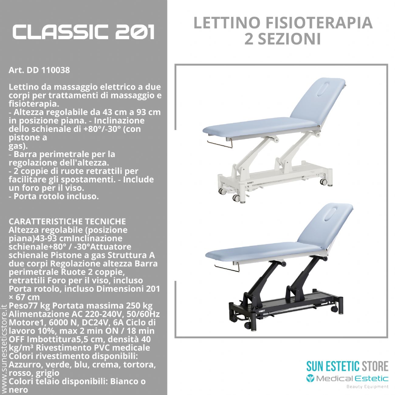Classic 201 lettino fisioterapia 2 sezioni 1 motore con perimetrale