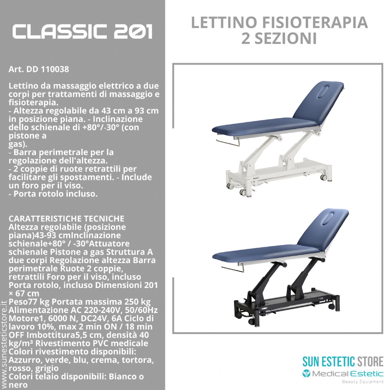 Classic 201 lettino fisioterapia 2 sezioni 1 motore con perimetrale