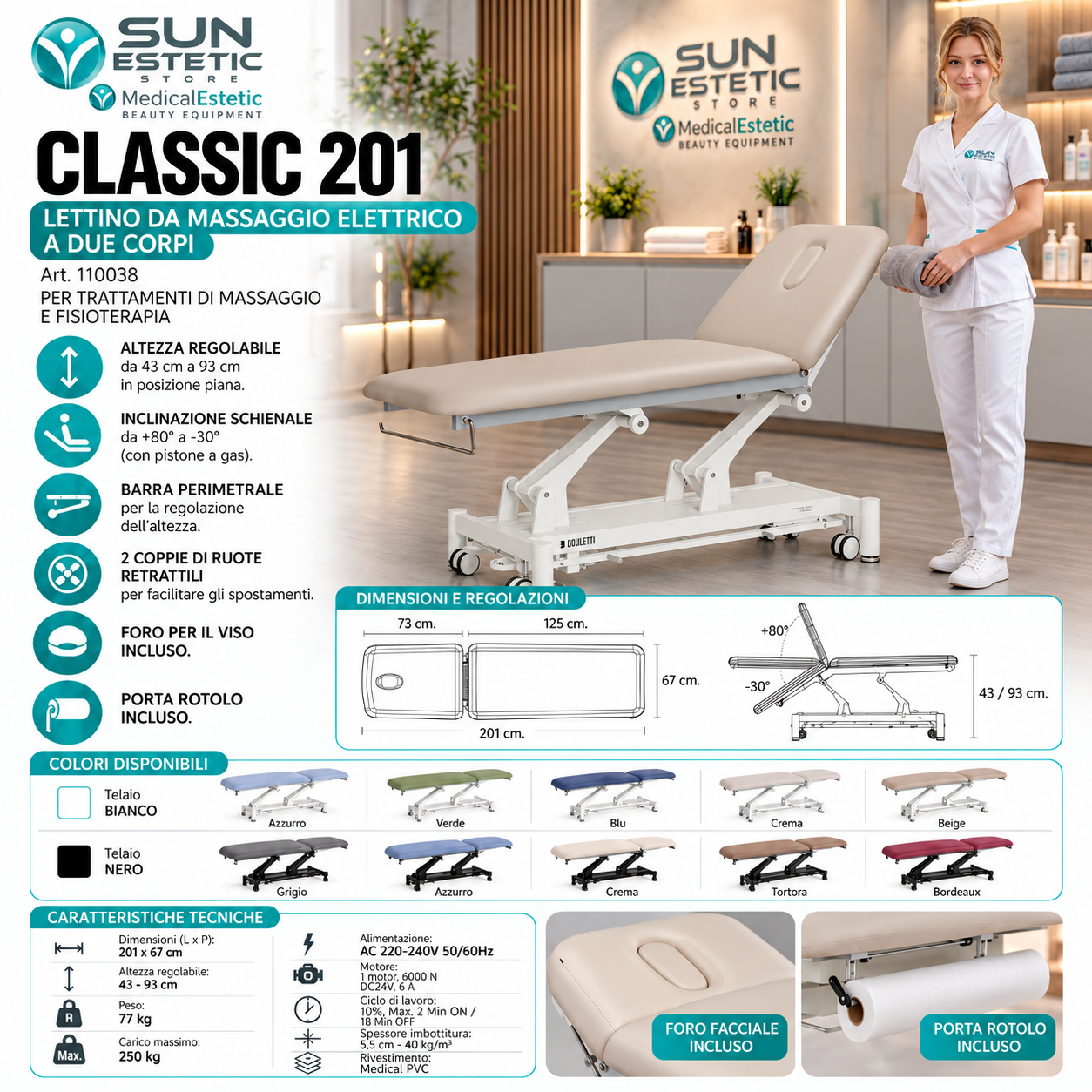 Classic 201 lettino fisioterapia 2 sezioni 1 motore con perimetrale