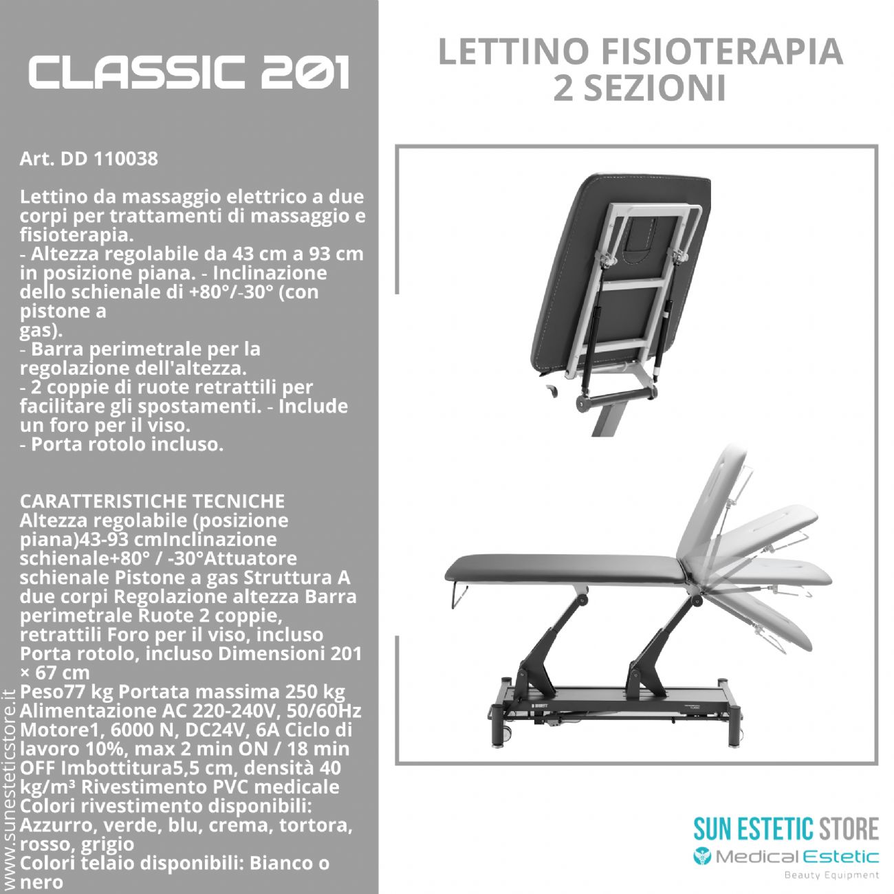 Classic 201 lettino fisioterapia 2 sezioni 1 motore con perimetrale