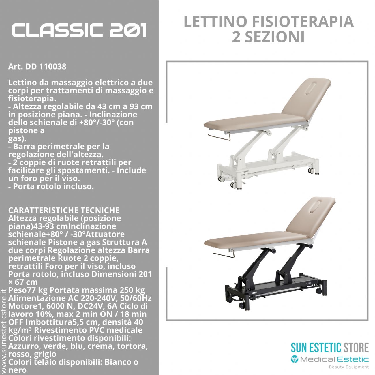 Classic 201 lettino fisioterapia 2 sezioni 1 motore con perimetrale