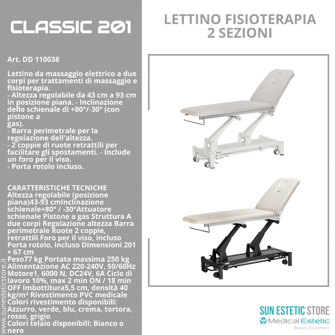 Classic 201 lettino fisioterapia 2 sezioni 1 motore con perimetrale