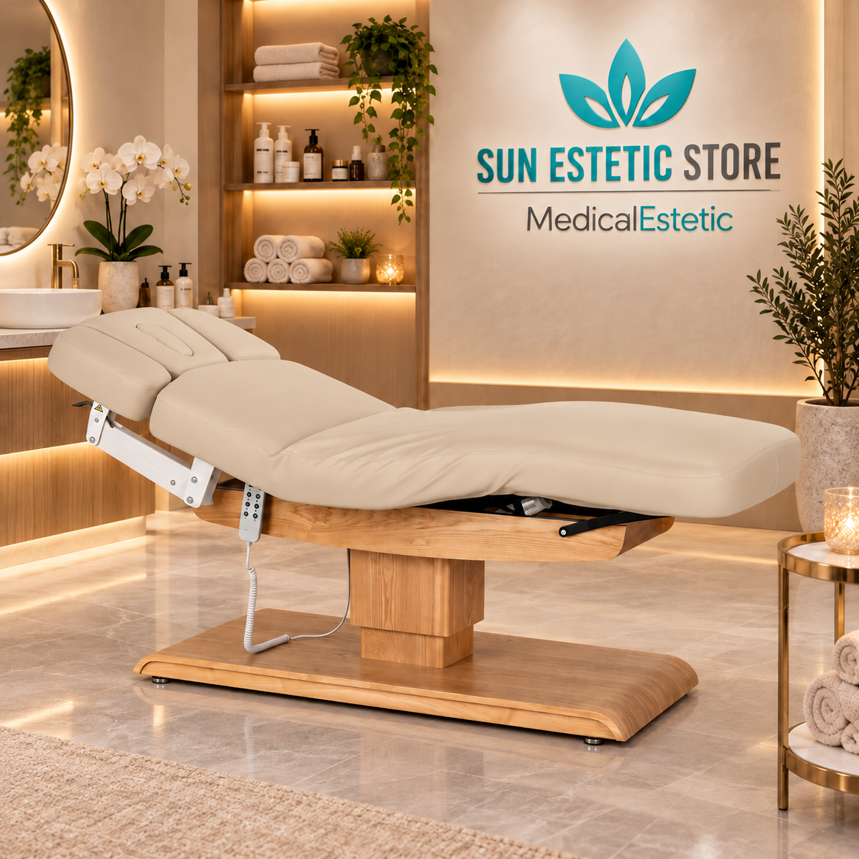Sillon Relax Spa – Lettino Elettrico con Base in Legno Marrone Chiaro per Estetica e SPA