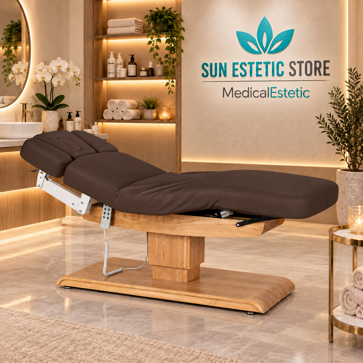 Sillon Relax Spa – Lettino Elettrico con Base in Legno Marrone Chiaro per Estetica e SPA