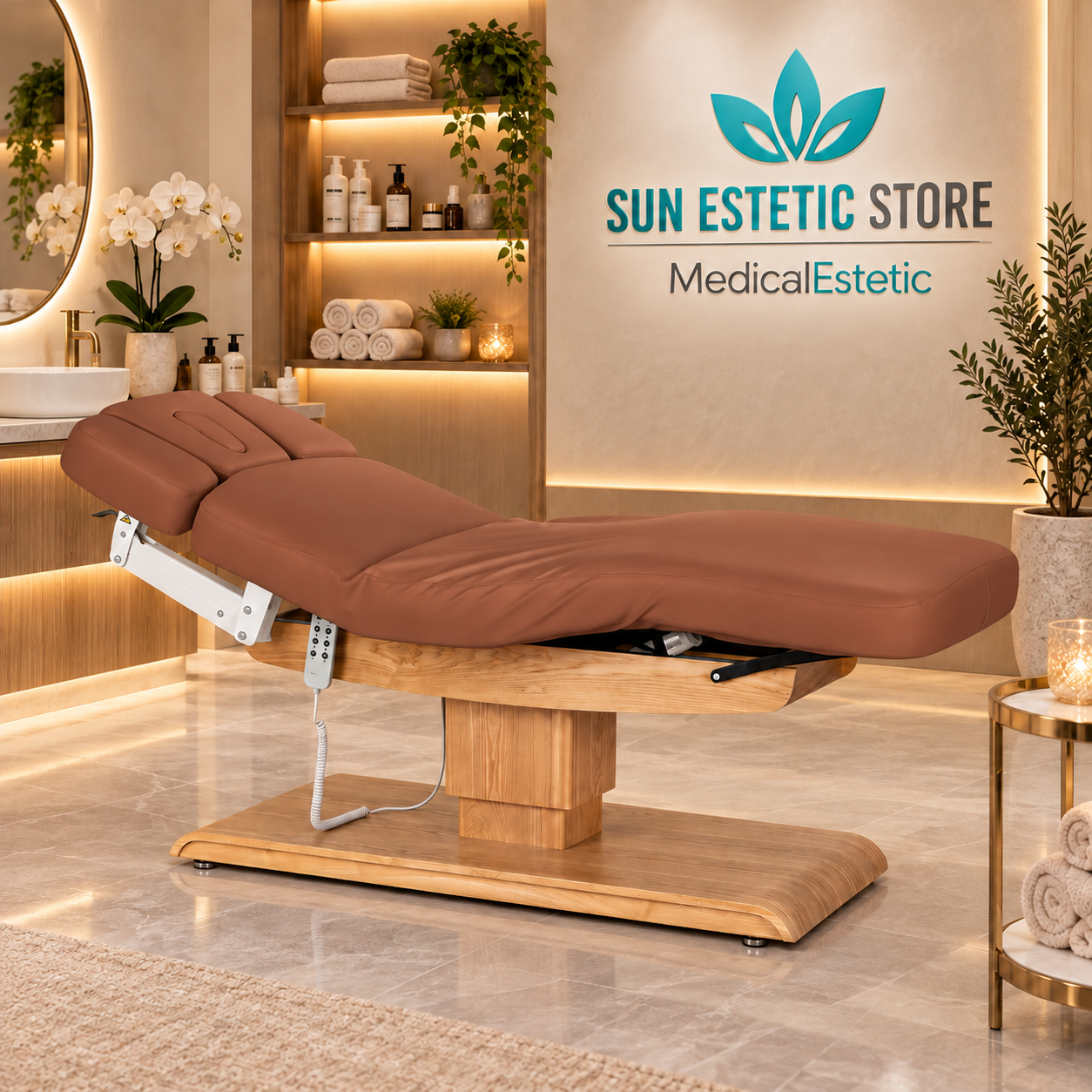 Sillon Relax Spa – Lettino Elettrico con Base in Legno Marrone Chiaro per Estetica e SPA