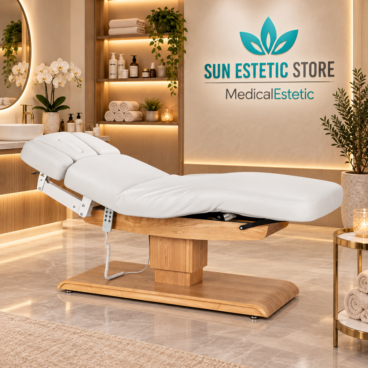 Sillon Relax Spa – Lettino Elettrico con Base in Legno Marrone Chiaro per Estetica e SPA
