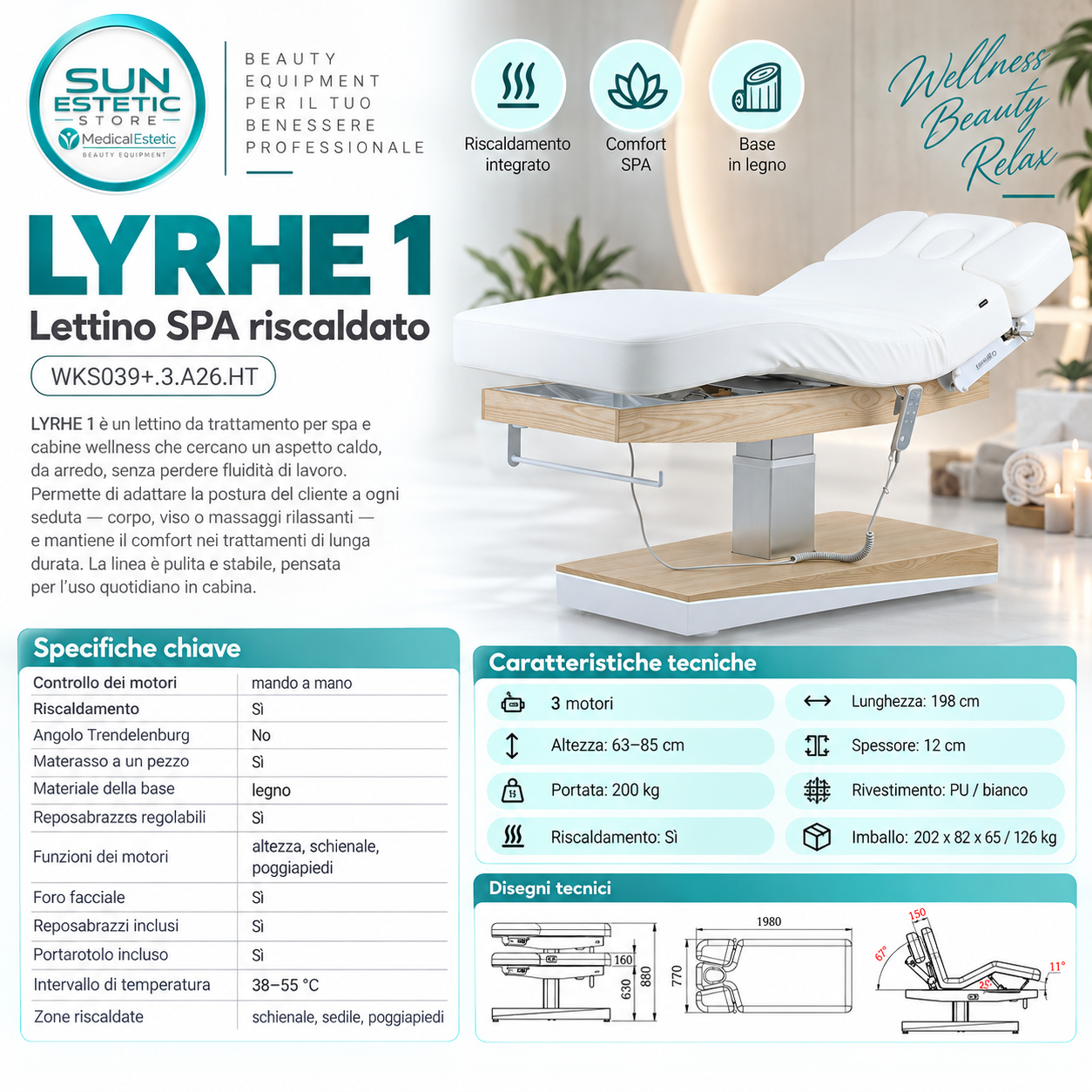 Lyrhe 1 – Lettino Riscaldato 3 Motori per SPA e Cabine Wellness