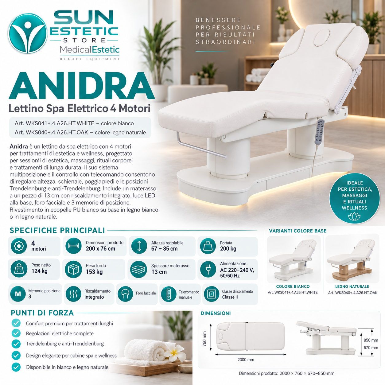 Anidra – Lettino SPA Elettrico 4 Motori con 3 Memorie