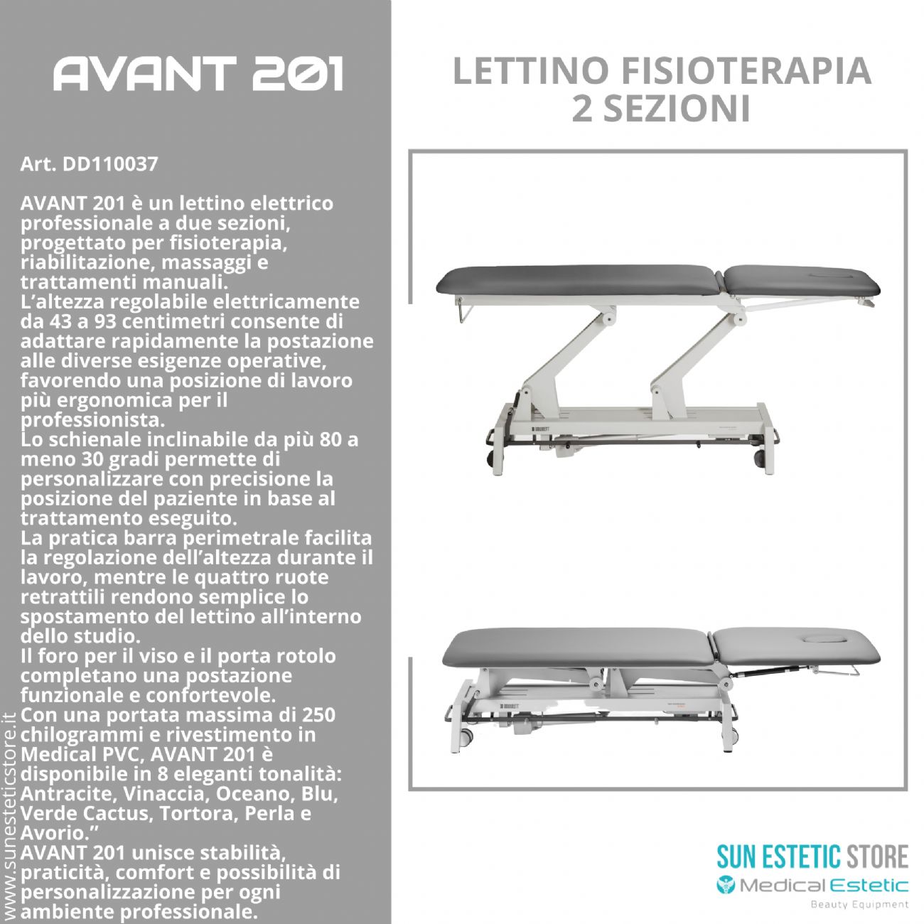 Avant-201 Lettino fisioterapia elettrico 2 sezioni metallo comando perimetrale