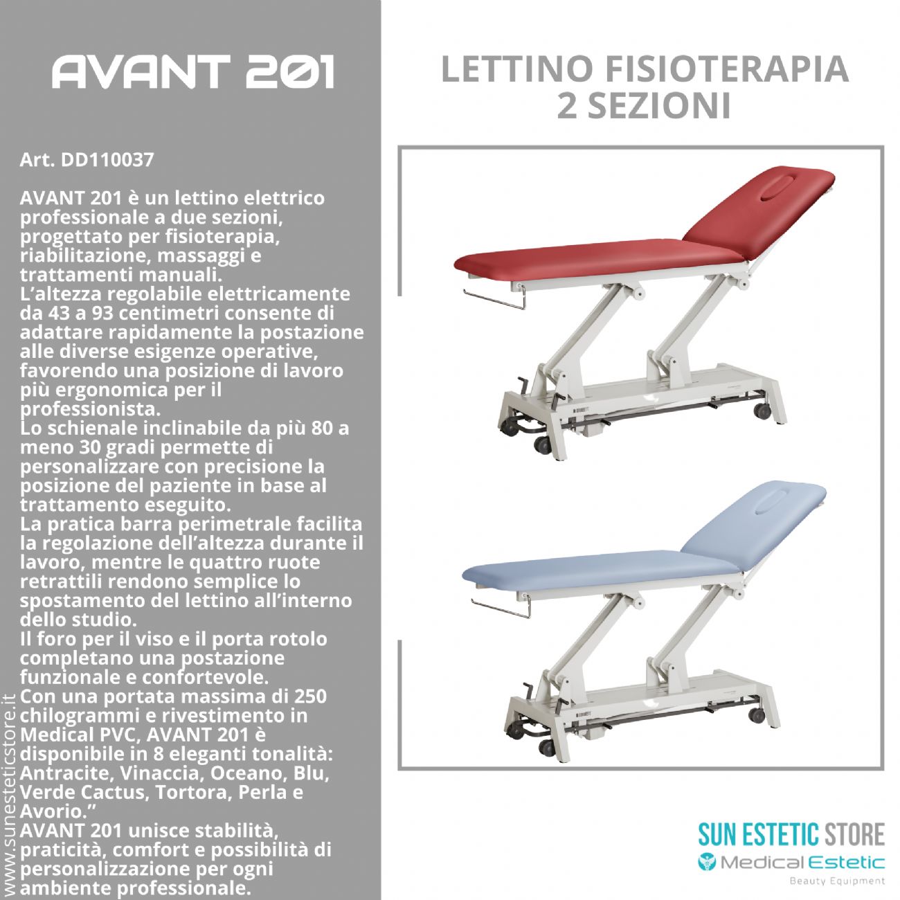 Avant-201 Lettino fisioterapia elettrico 2 sezioni metallo comando perimetrale