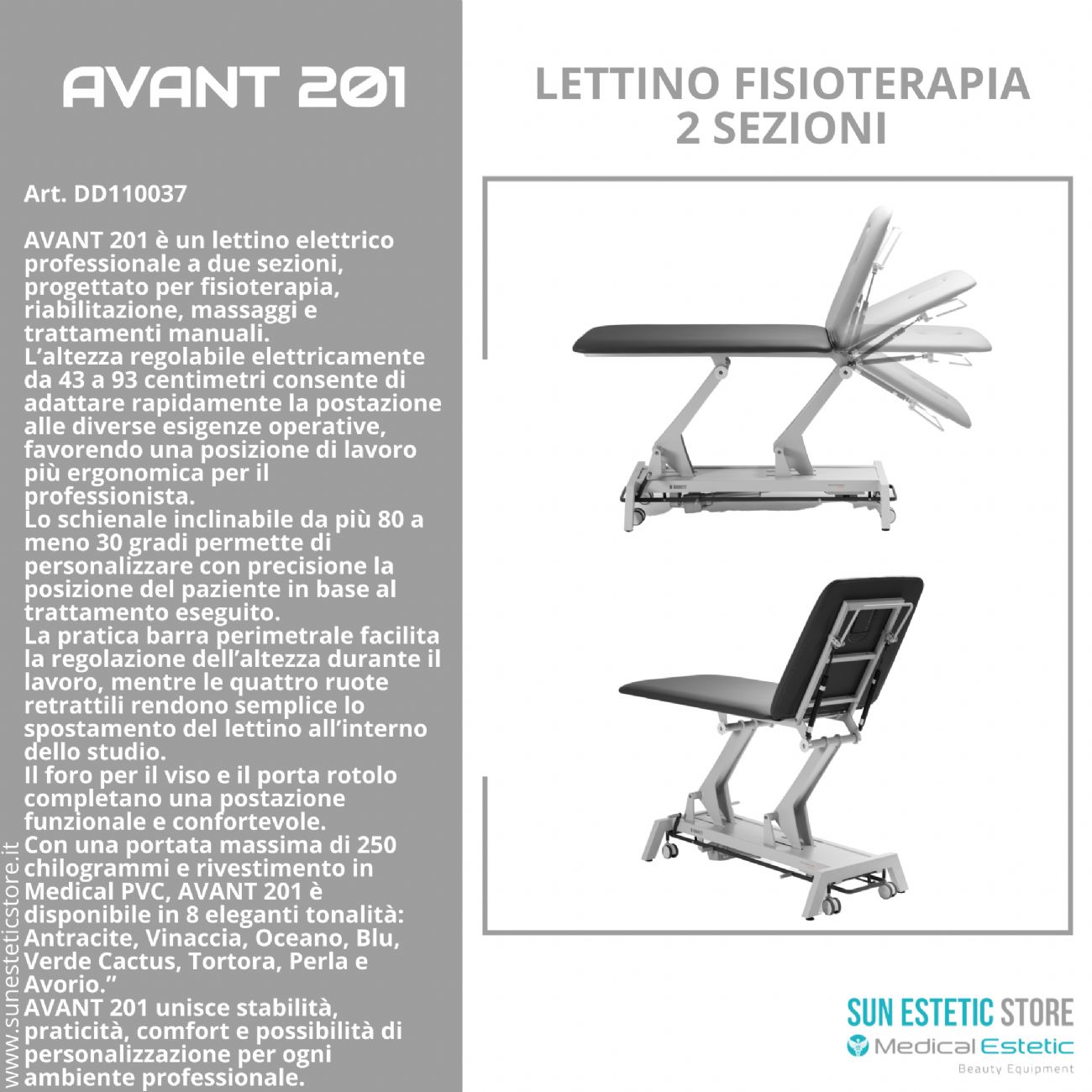 Avant-201 Lettino fisioterapia elettrico 2 sezioni metallo comando perimetrale