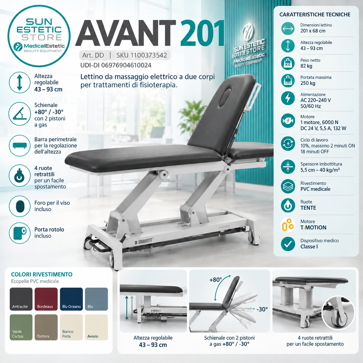 Avant-201 Lettino fisioterapia elettrico 2 sezioni metallo comando perimetrale