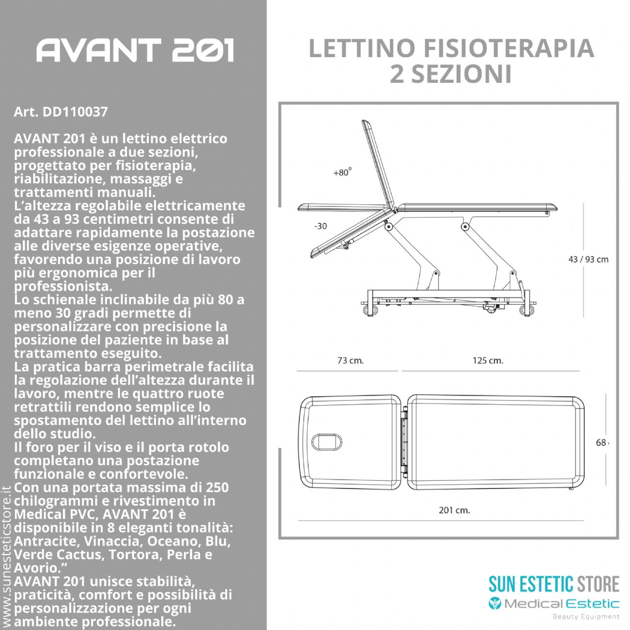 Avant-201 Lettino fisioterapia elettrico 2 sezioni metallo comando perimetrale