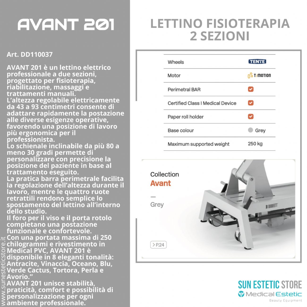 Avant-201 Lettino fisioterapia elettrico 2 sezioni metallo comando perimetrale