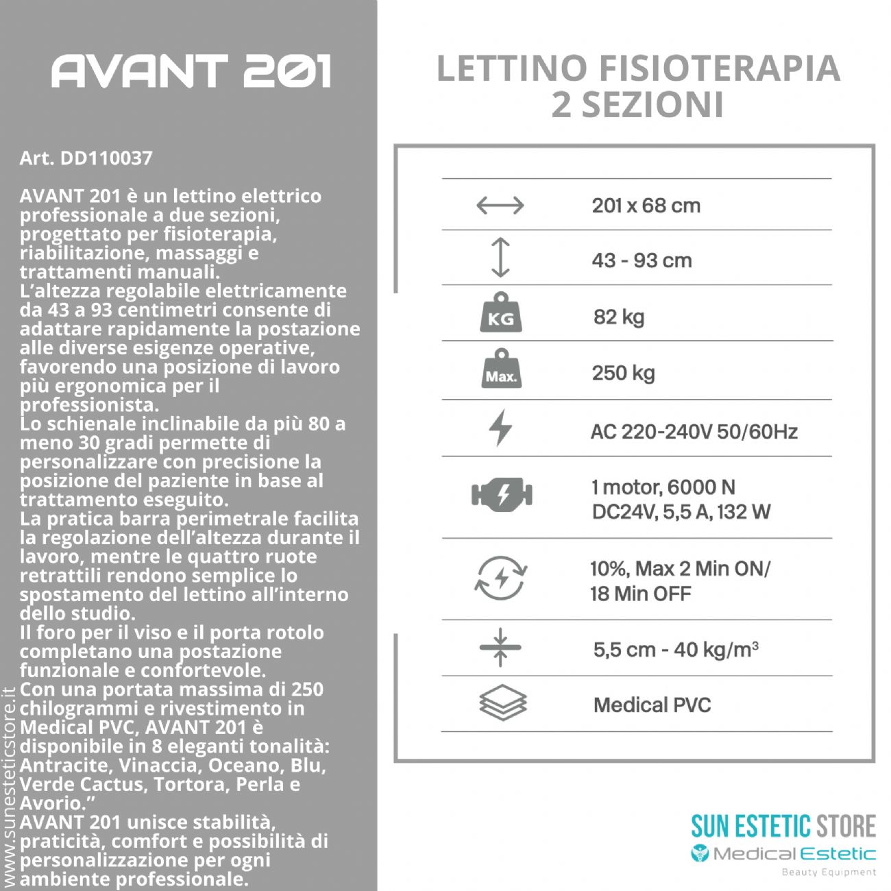 Avant-201 Lettino fisioterapia elettrico 2 sezioni metallo comando perimetrale