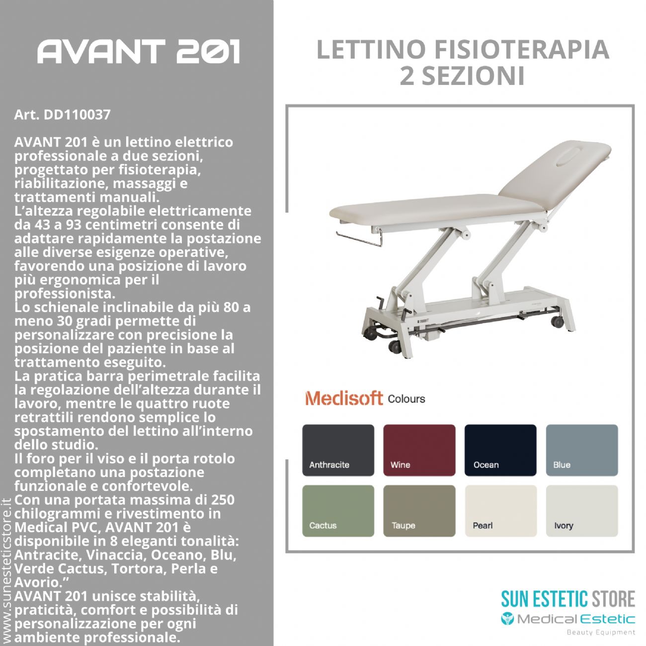 Avant-201 Lettino fisioterapia elettrico 2 sezioni metallo comando perimetrale