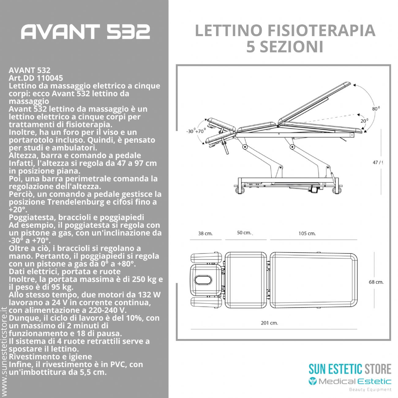 Avant 532 – Lettino da Massaggio Elettrico a Cinque Corpi
