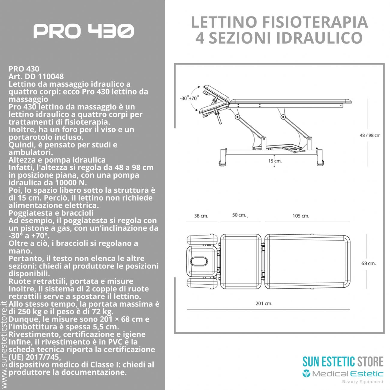 Pro 430 – Lettino da Massaggio Idraulico a Quattro Corpi