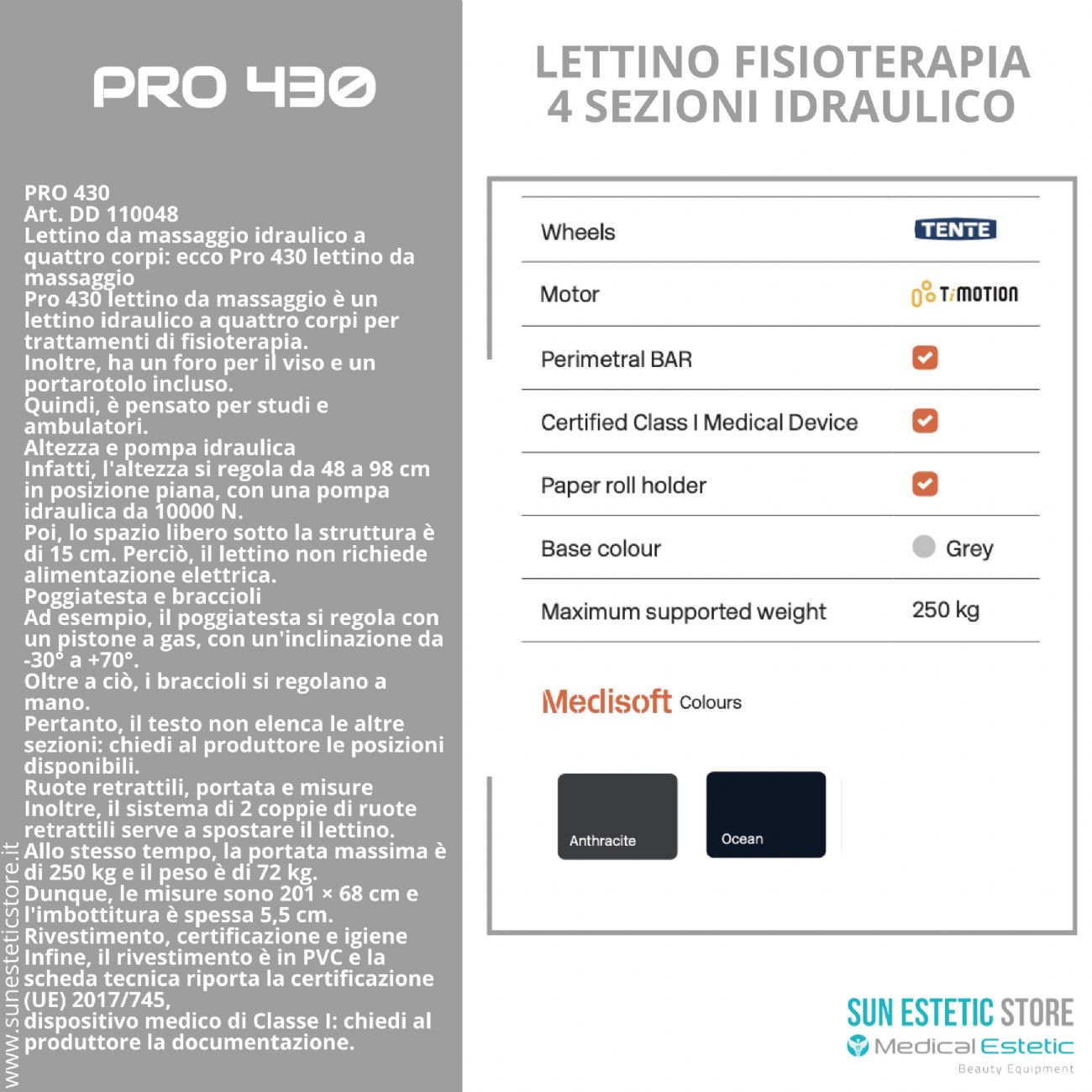 Pro 430 – Lettino da Massaggio Idraulico a Quattro Corpi