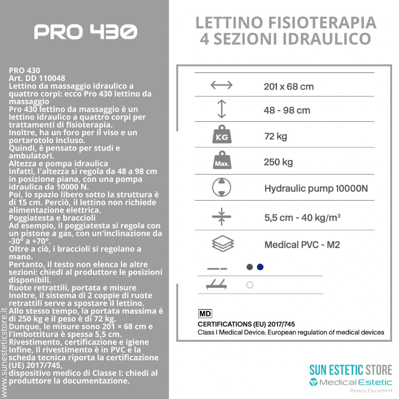 Pro 430 – Lettino da Massaggio Idraulico a Quattro Corpi