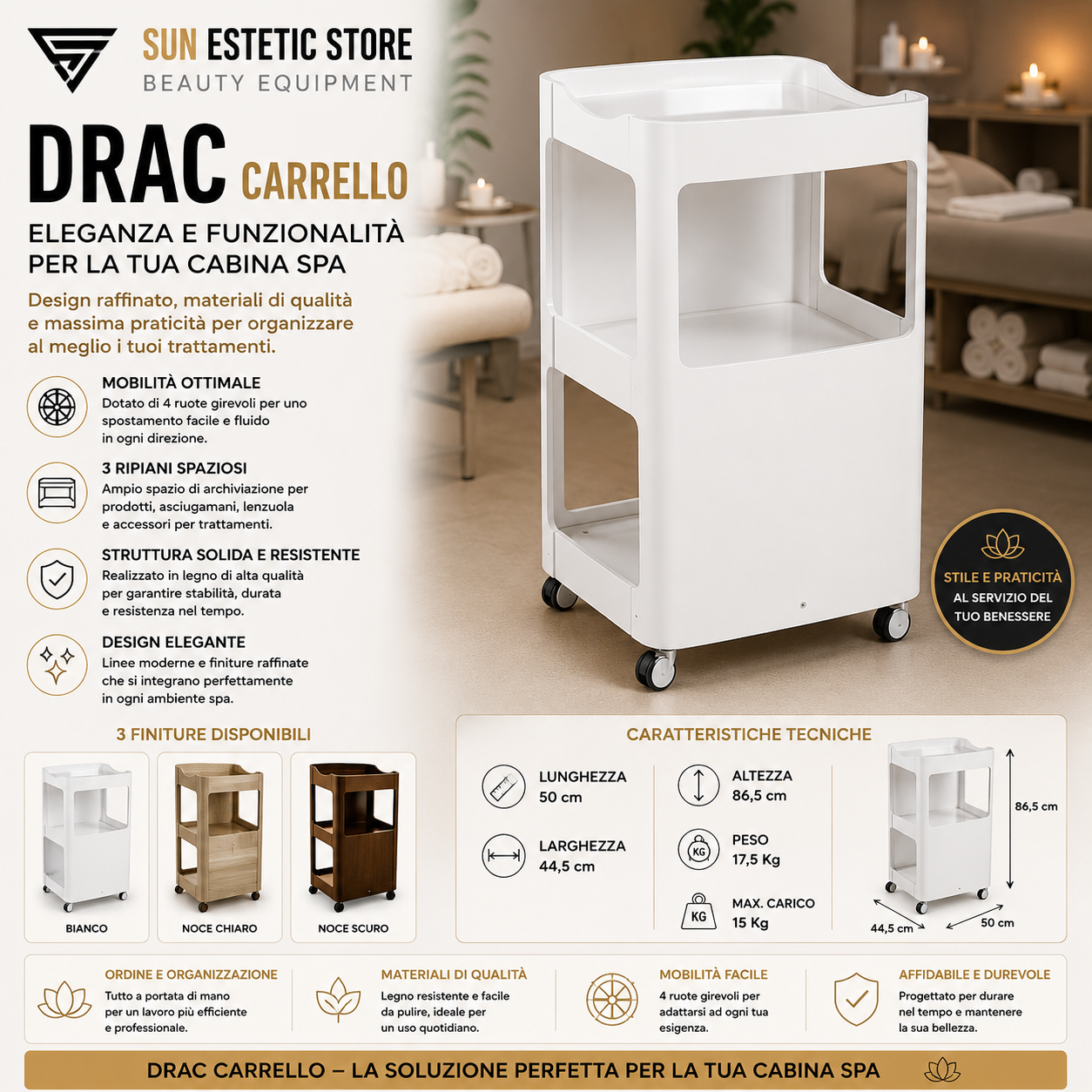DRAC Carrello in legno 3 ripiani colore bianco