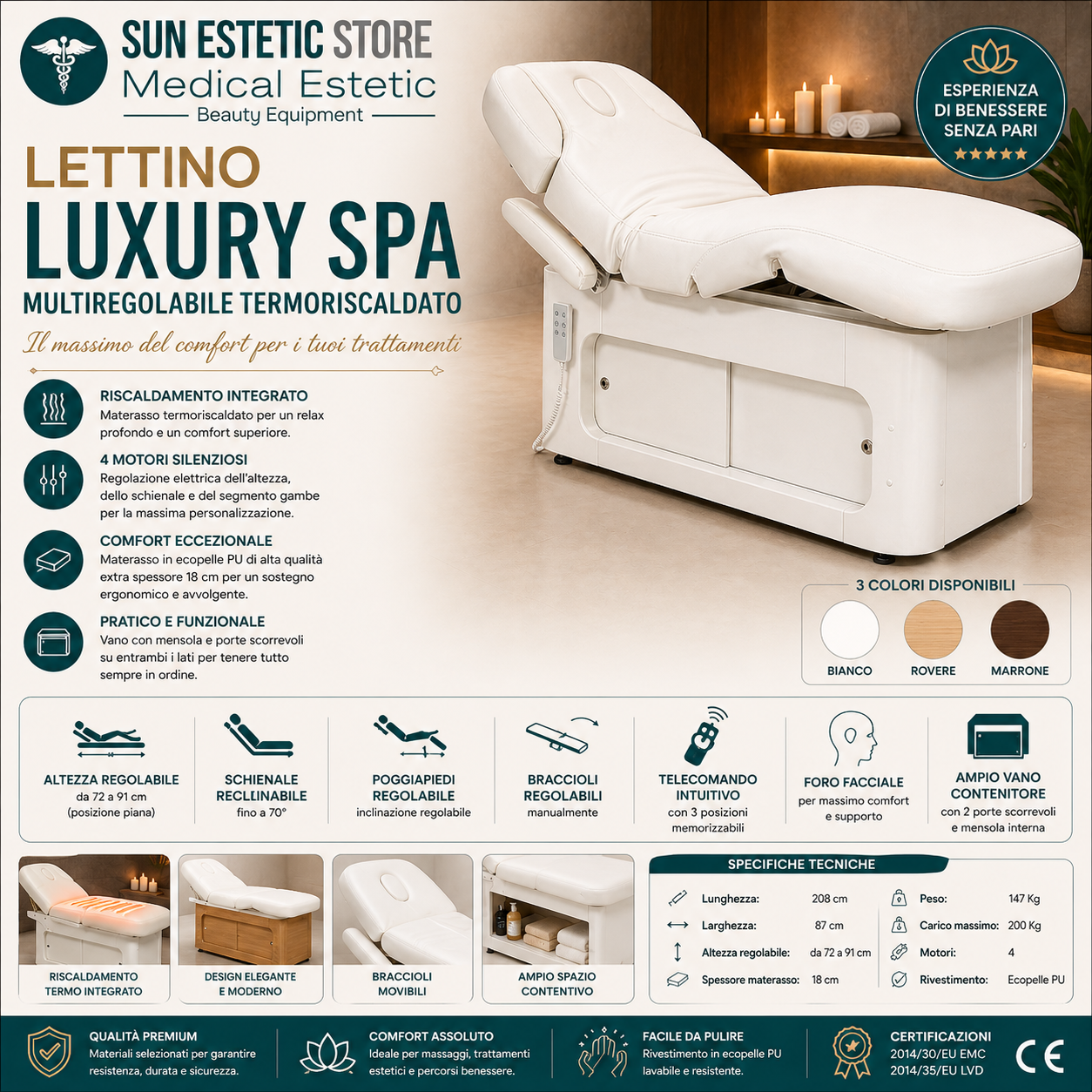 KEID WARM Lettino massaggio SPA in legno 4 motori termoriscaldato con cassettiera portaoggetti