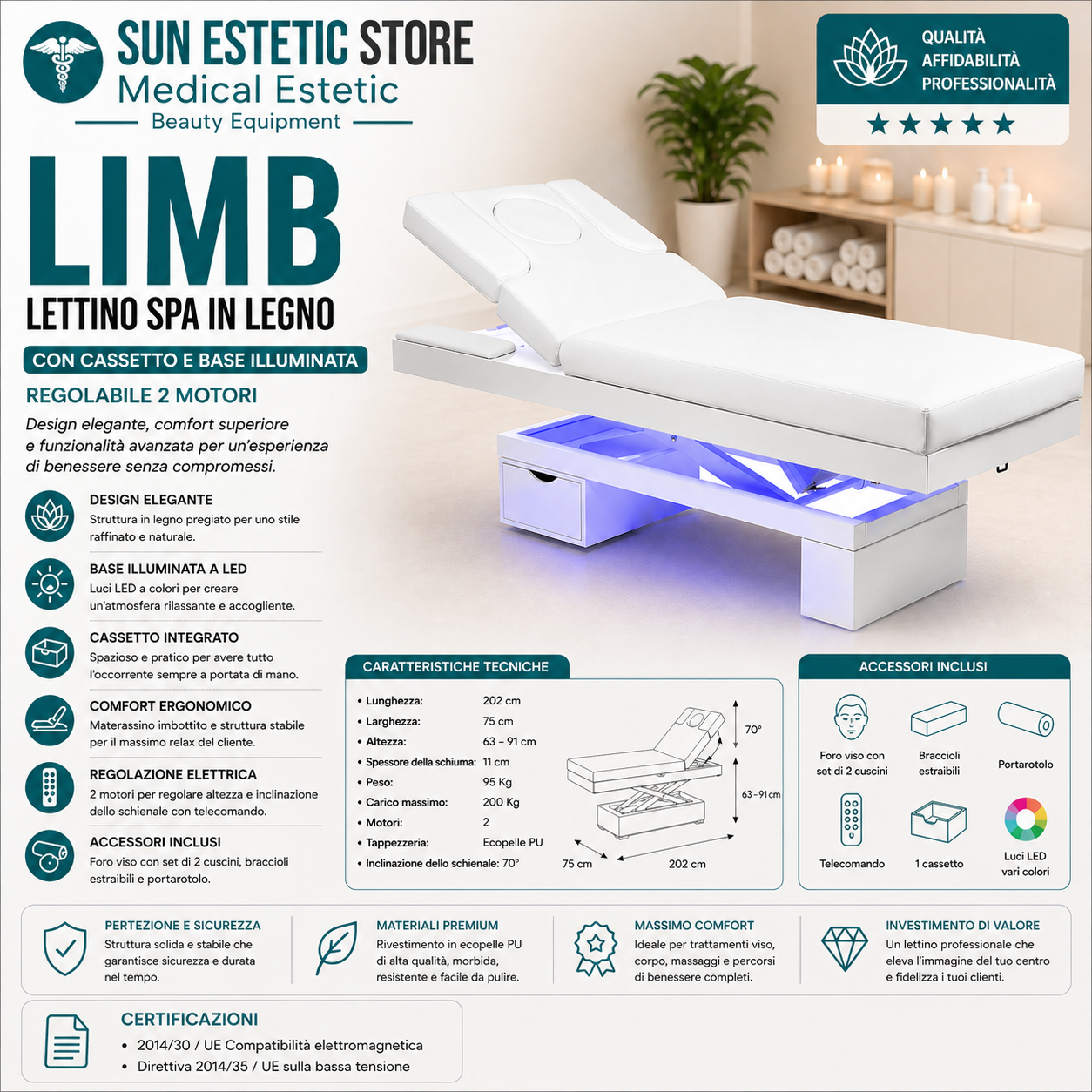 LIMB Lettino Spa in legno con cassetto base illuminata<br />regolabile 2 motori
