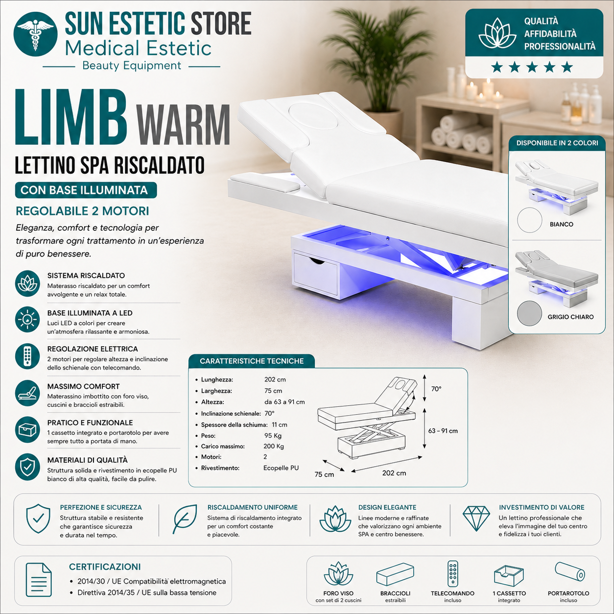Limb WarmLettino Spa in legno con cassetto base illuminata<br />regolabile 2 motori termoriscaldato