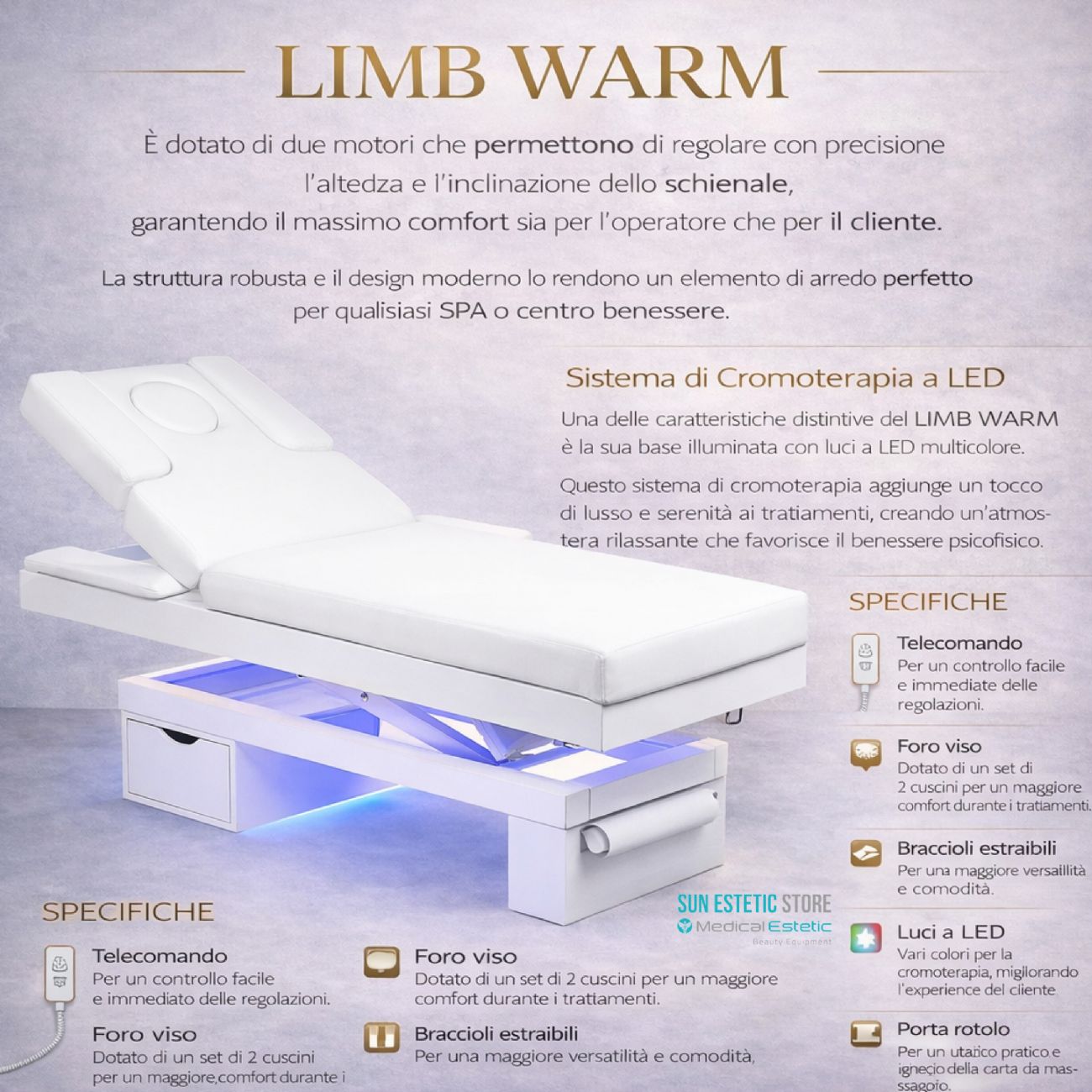 Limb WarmLettino Spa in legno con cassetto base illuminata<br />regolabile 2 motori termoriscaldato
