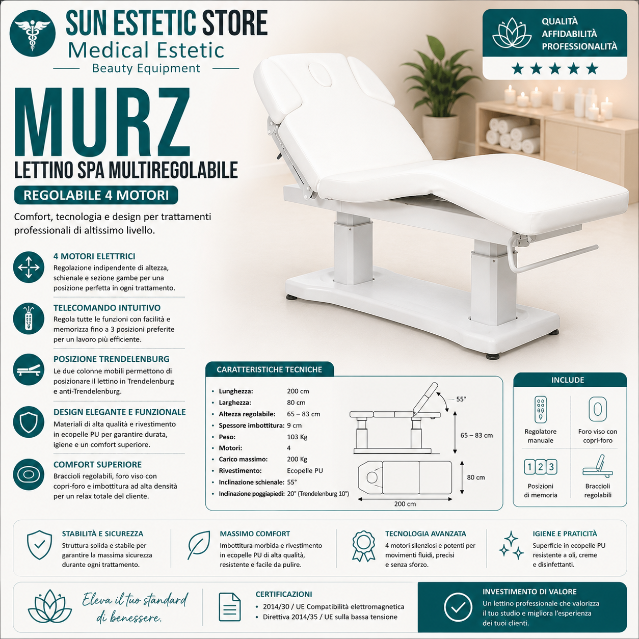MURZ Lettino elettrico spa 4 motori colore bianco
