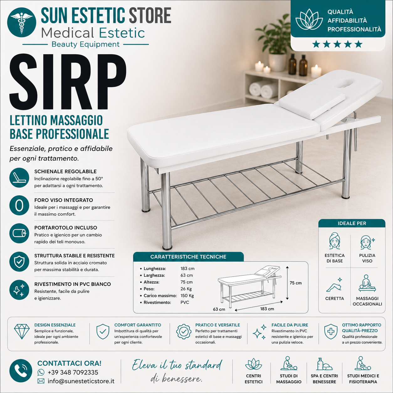 SIRP Lettino massaggio in metallo 1 snodo colore bianco