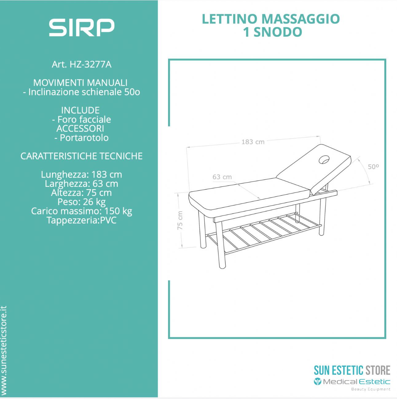 SIRP Lettino massaggio in metallo 1 snodo colore bianco