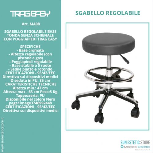 TRAG EASY Sgabello regolabile base tonda senza schienale con poggia piedi