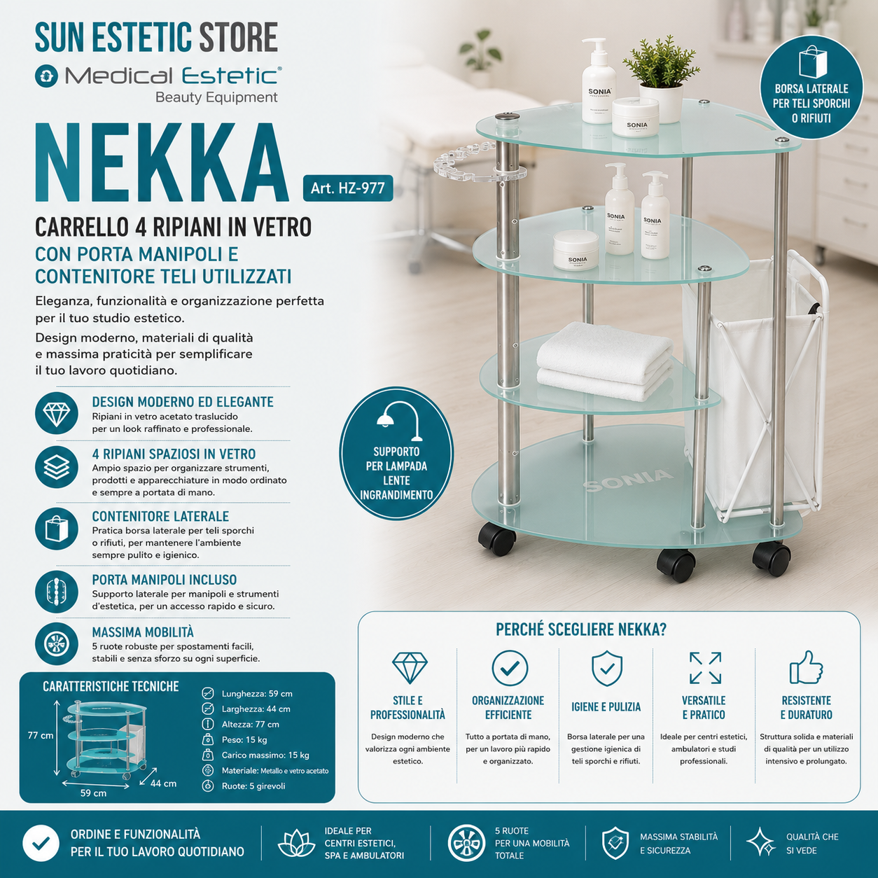 NEKKA Carrello 4 ripiani in vetro  + contenitore