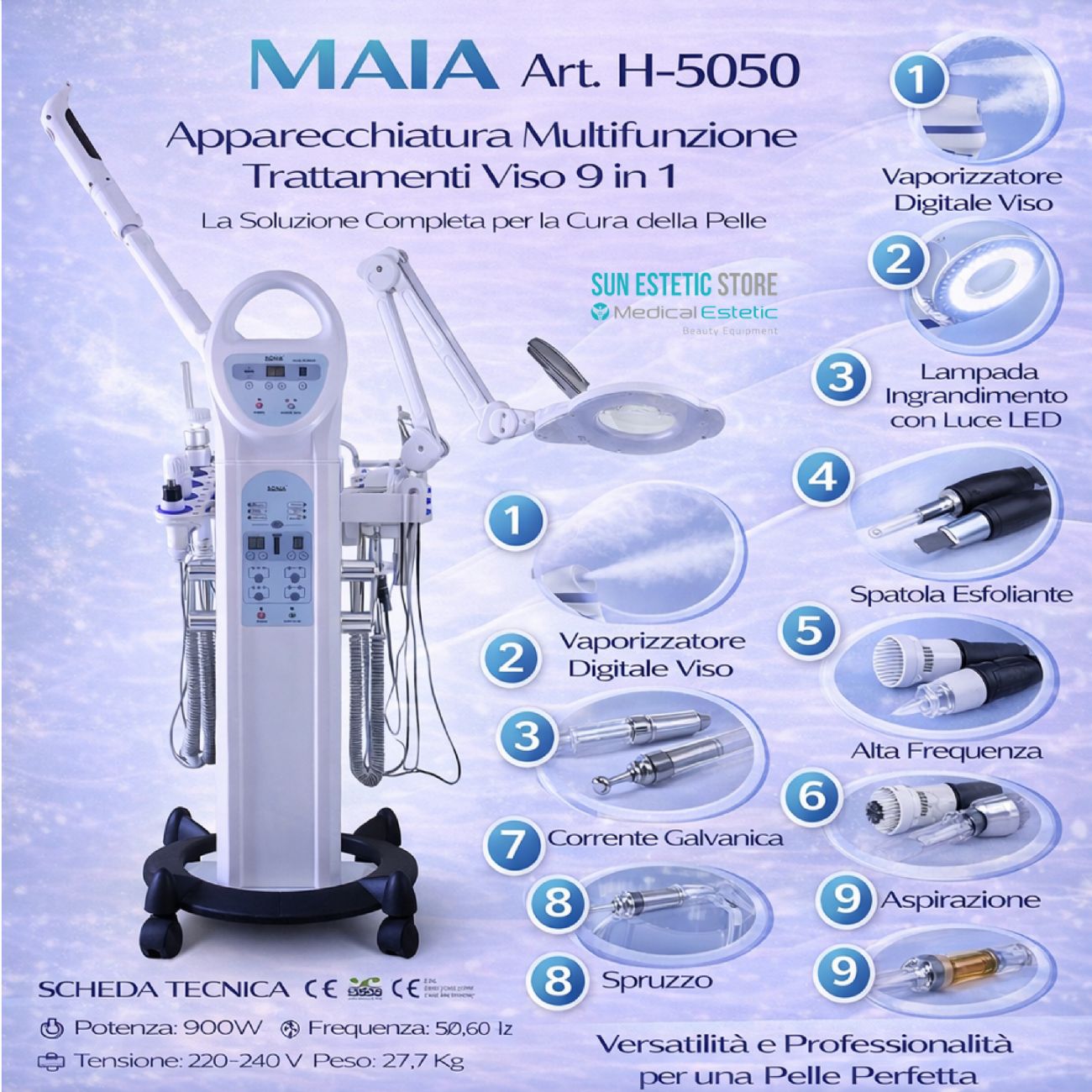 MAIA TORRE MULTIFUNZIONE<br />- Vaporizzatore<br />- Lampada led<br />- Ultrasuoni<br />- Skin Scrubber<br />- Alta frequenza<br />- Spazzola rotante<br />- Corrente galvanica<br />- Aspirazione