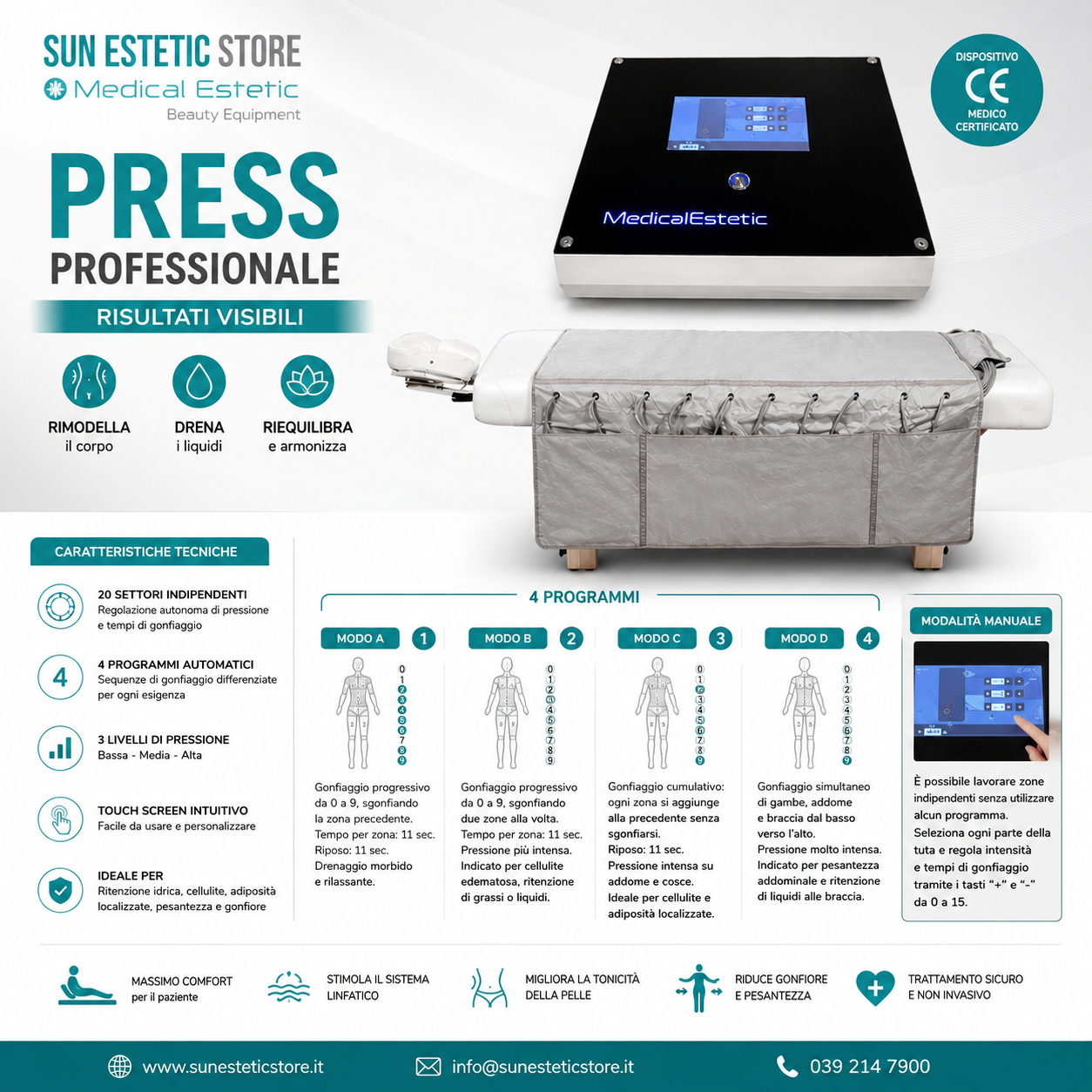 KHONA PRESS Pressoterapia 10 settori completa di marsupio porta gambali