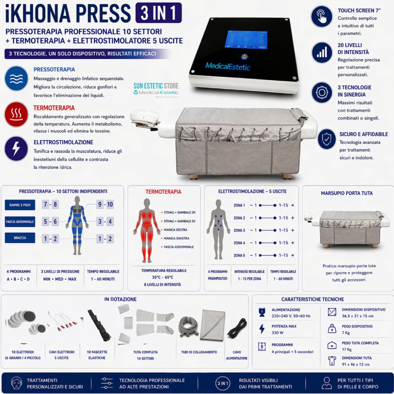 KHONA PRESS 3 IN 1 Pressoterapia + infrarossi + elettrostimolatore