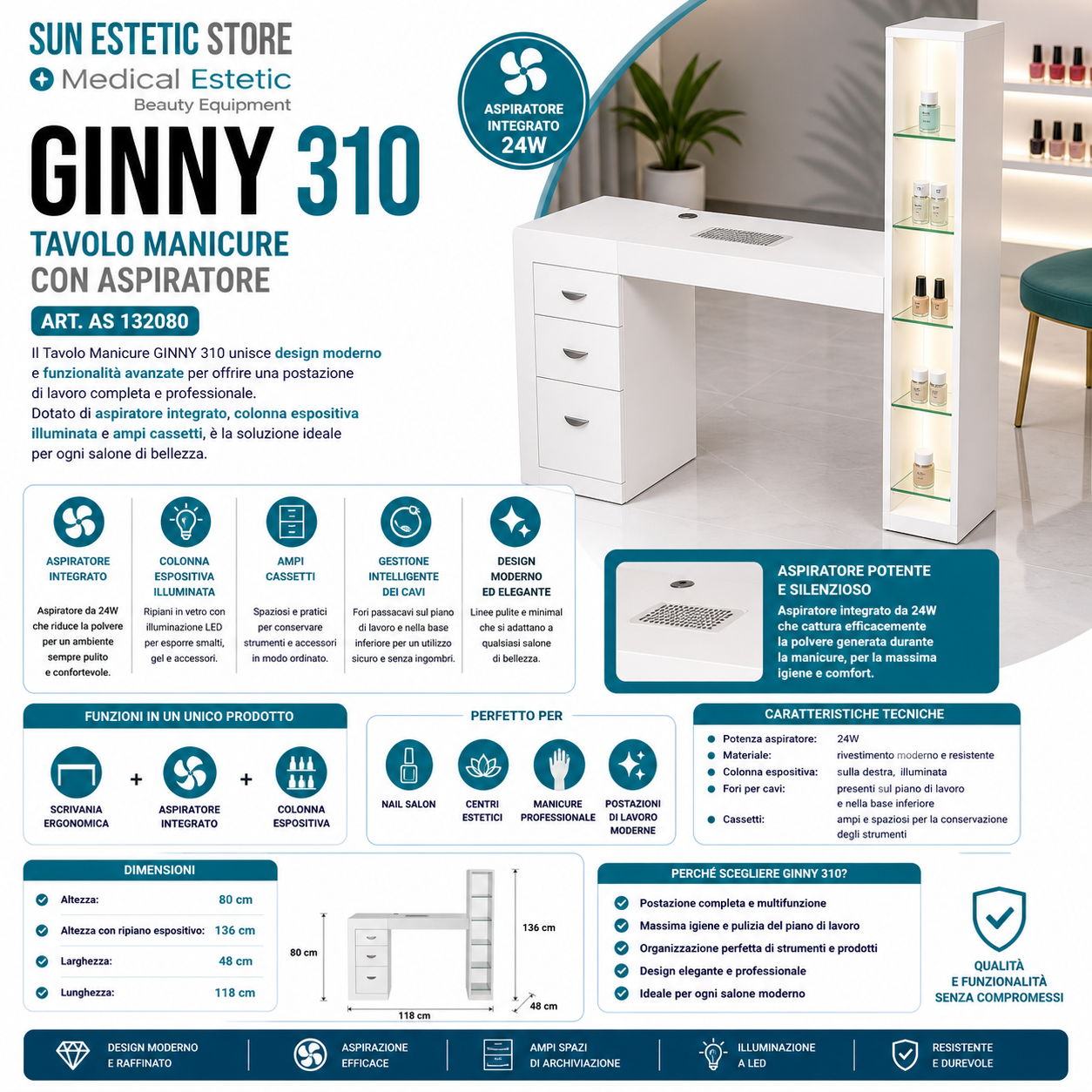 GINNY  310<br />Tavolino ricostruzione unghie illuminato